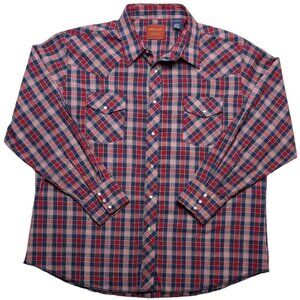 VTG Rustler by Wrangler Western Shirt Mens Size XXL Plaid Pearl Snap Red Rodeo